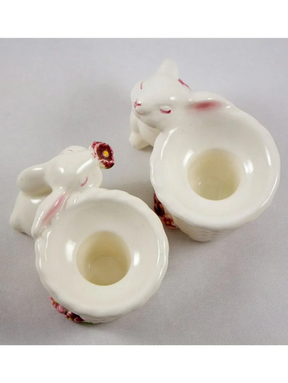 Avon Ceramic Bunny w/Basket Taper Candle Holder Set Vintage 1980's Brazil